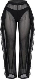 Women'S Sheer Mesh Ruffle Swimsuit Cover up Pants Black L